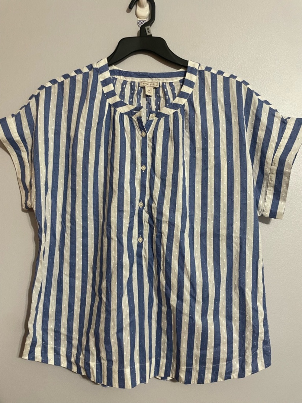Women's Blue & White Striped Short-Sleeve Button Down Shirt - Casual